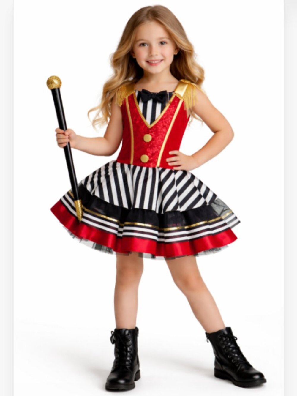 Girls Circus Ringmaster Costume Dress Red Black Gold Tulle Skirt Size 4-6Y